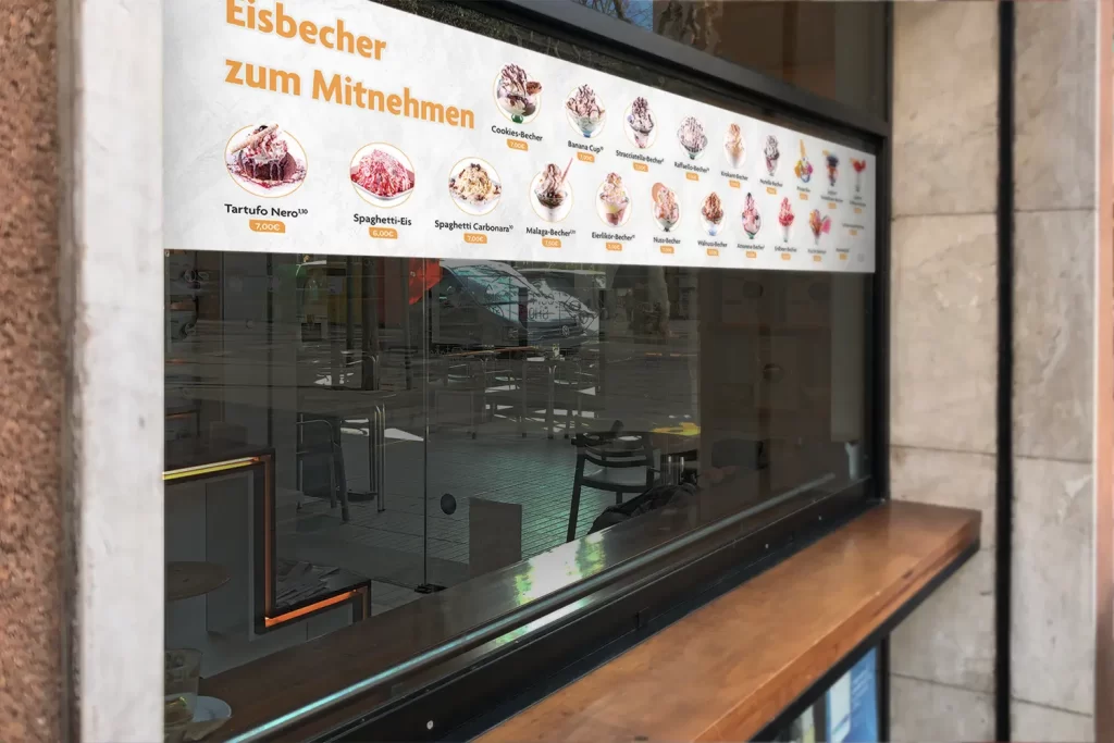 Speisekarte Eiscafe Abrantes - Zum Mitnehmen für die Ladenscheibe