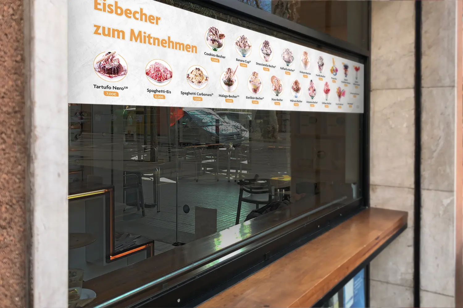 Speisekarte Eiscafe Abrantes - Zum Mitnehmen für die Ladenscheibe